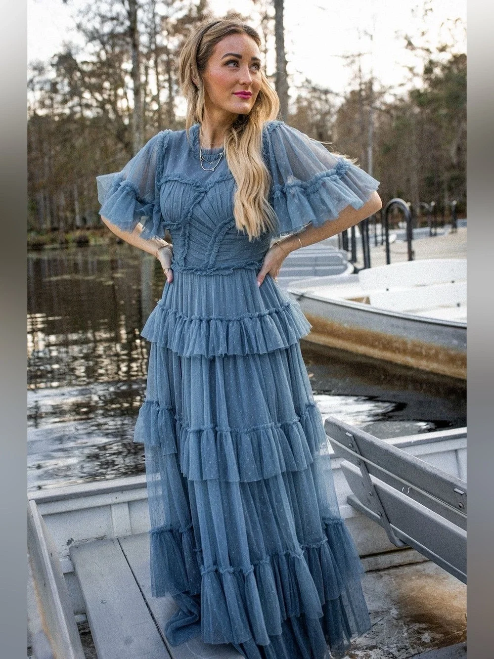Ivy City Co Slate Blue Whimsical Ruffled Tulle Midi Formal Dress - Picture 3 of 14